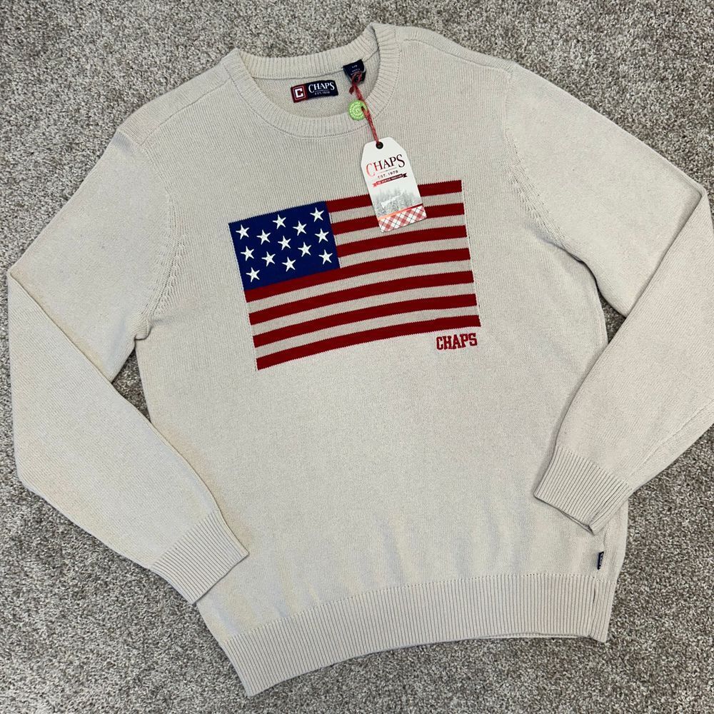 Chaps American Flag USA Sweater Men Size Large Oatmeal Heather Crewneck NWT